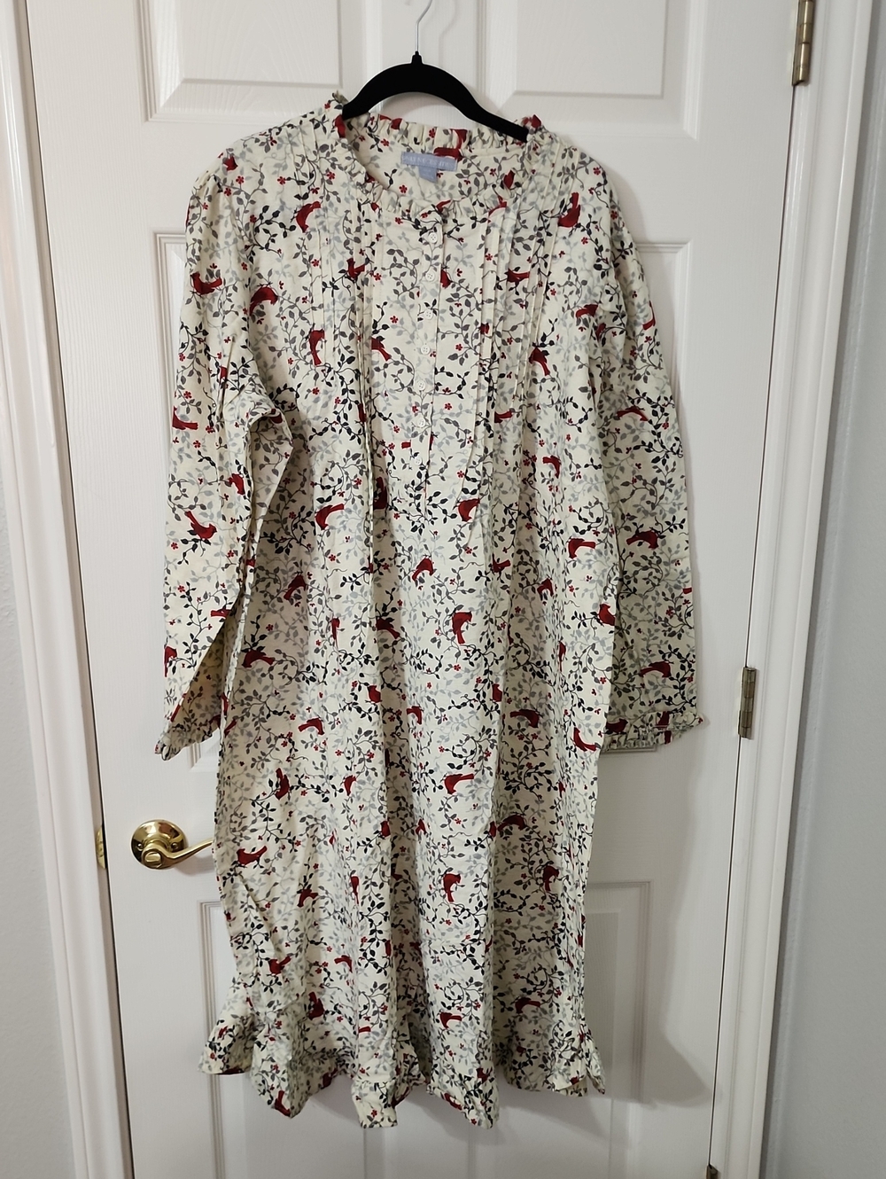 Only Necessities Cream Night Dress with Red Bird & Navy Floral Print